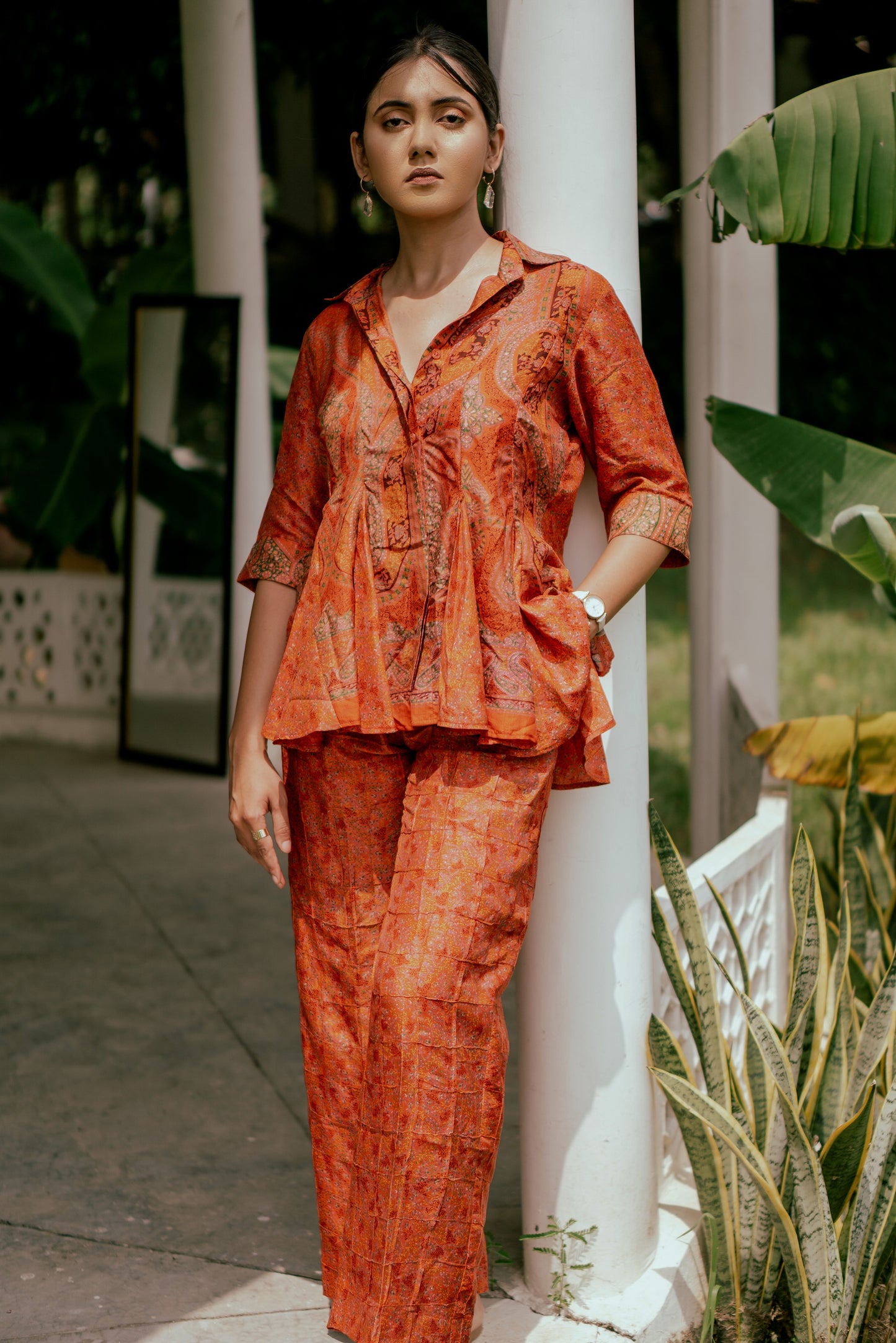 Orange Godet Paneled Shirt Co-ord Set