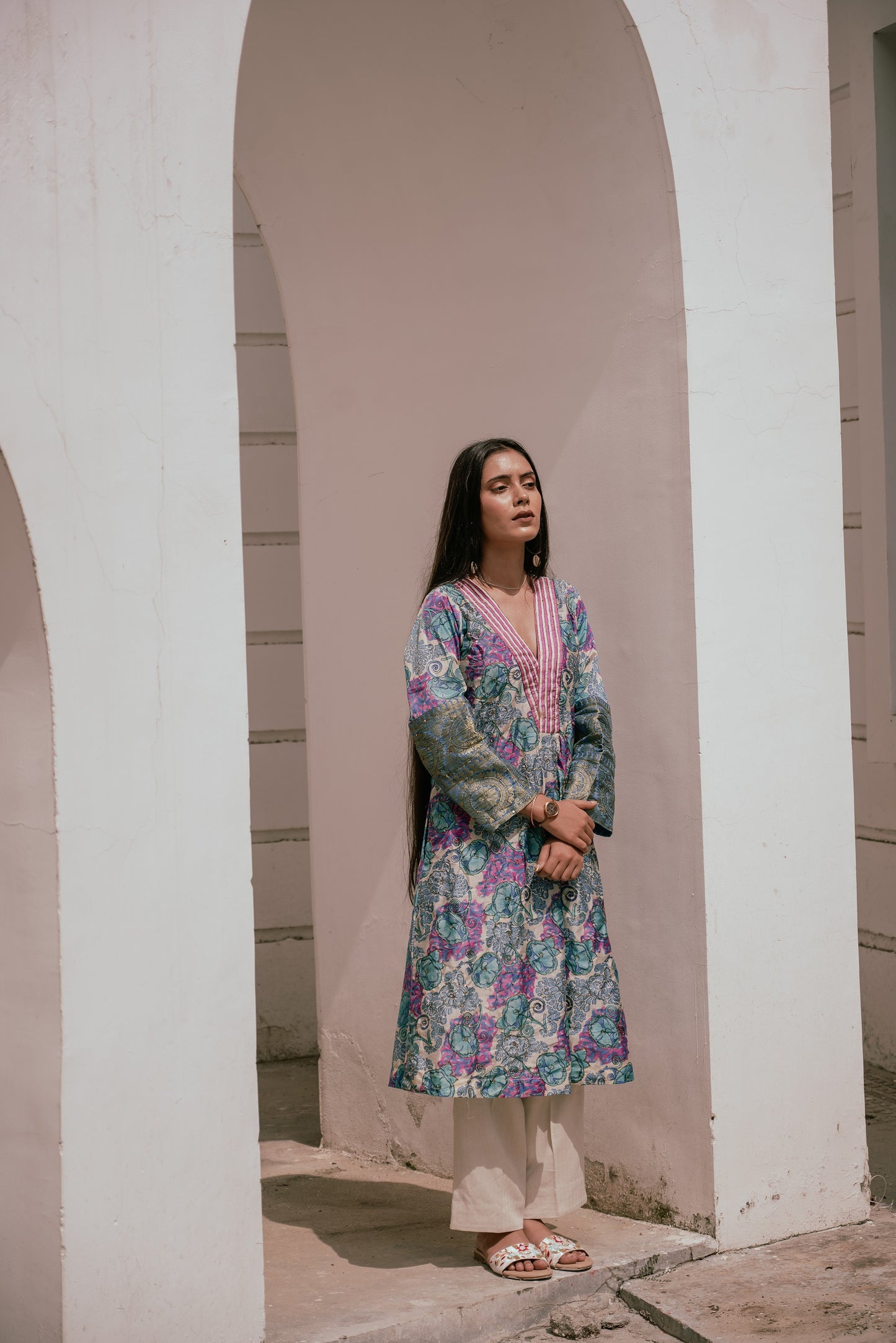 Blue Floral A-Line Kurta