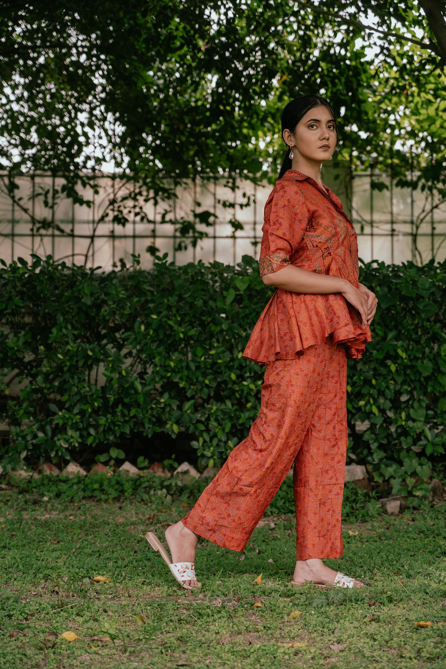 Orange Godet Paneled Shirt Co-ord Set