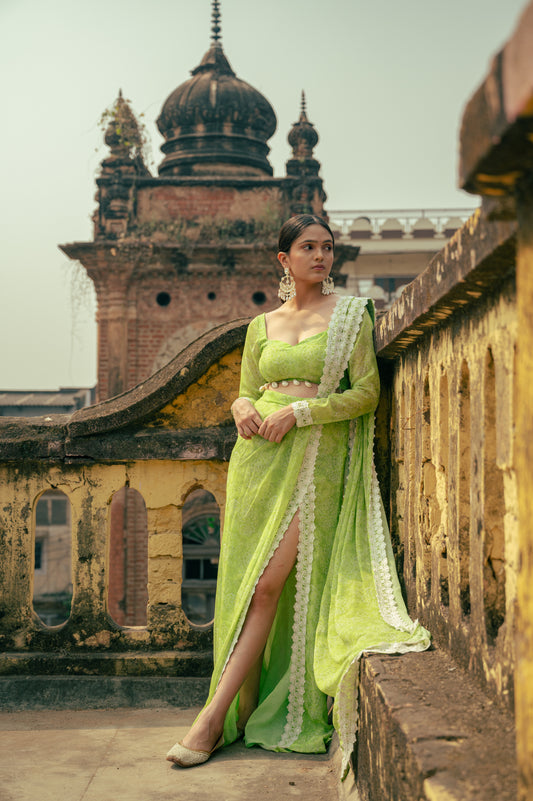 Green Draped Slit Saree