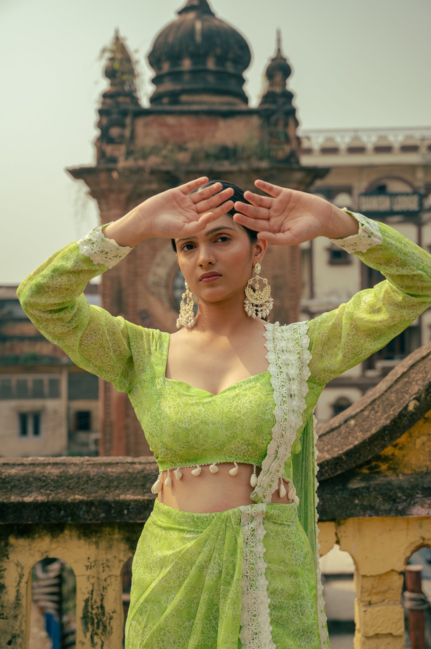 Green Draped Slit Saree