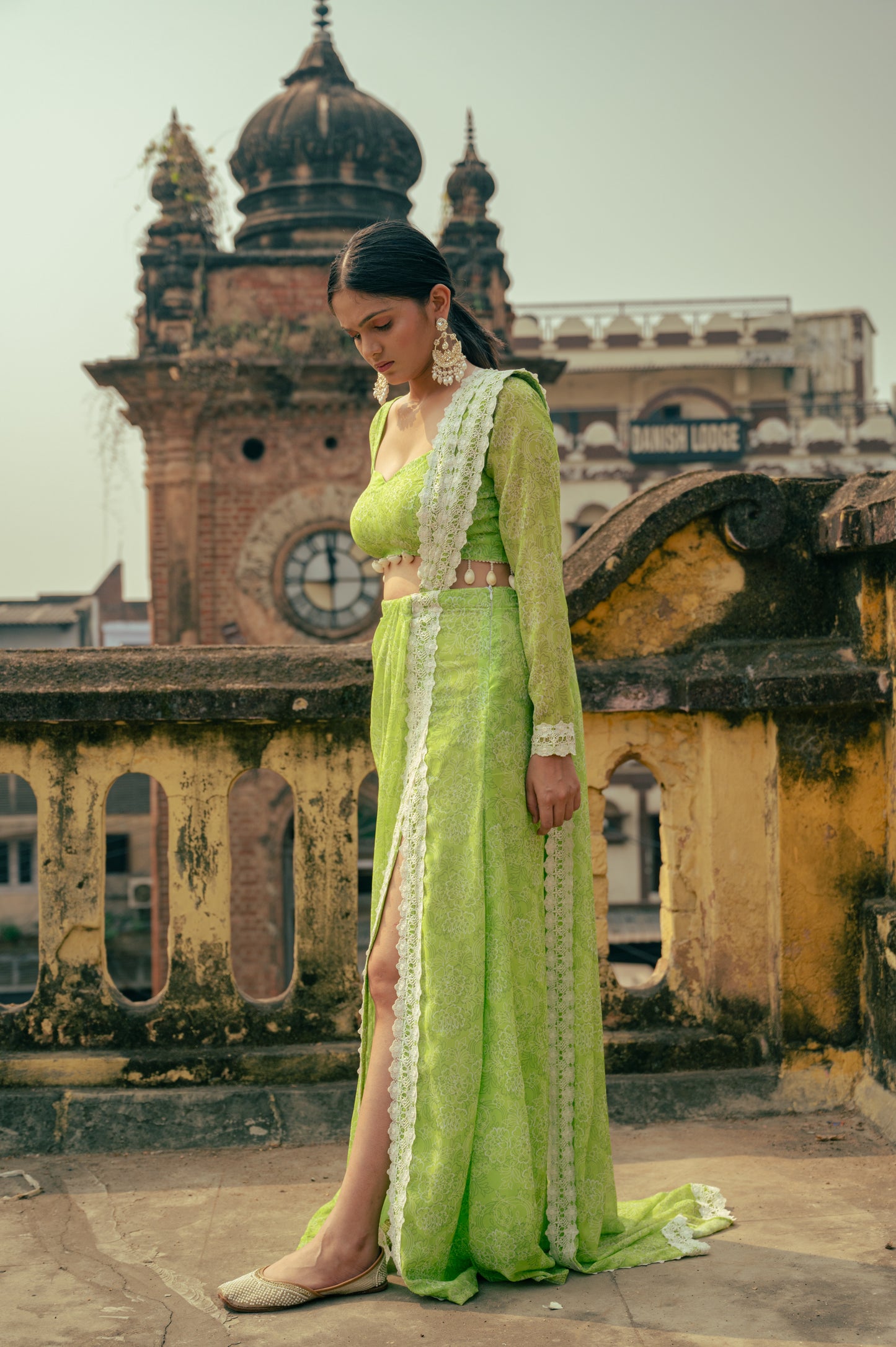 Green Draped Slit Saree