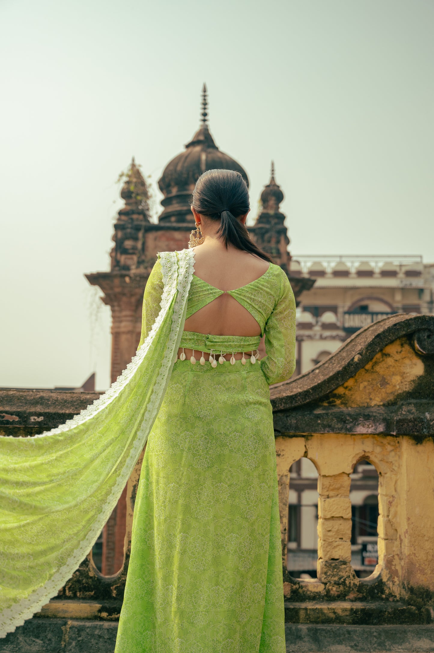 Green Draped Slit Saree