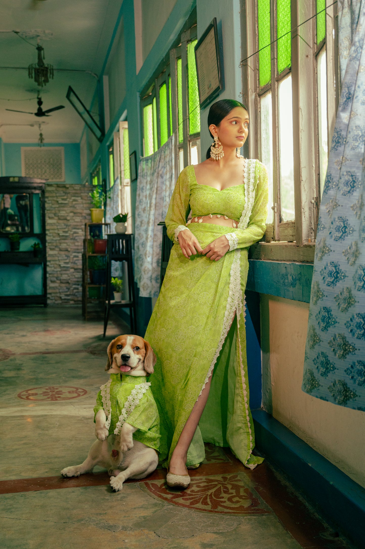 Green Draped Slit Saree