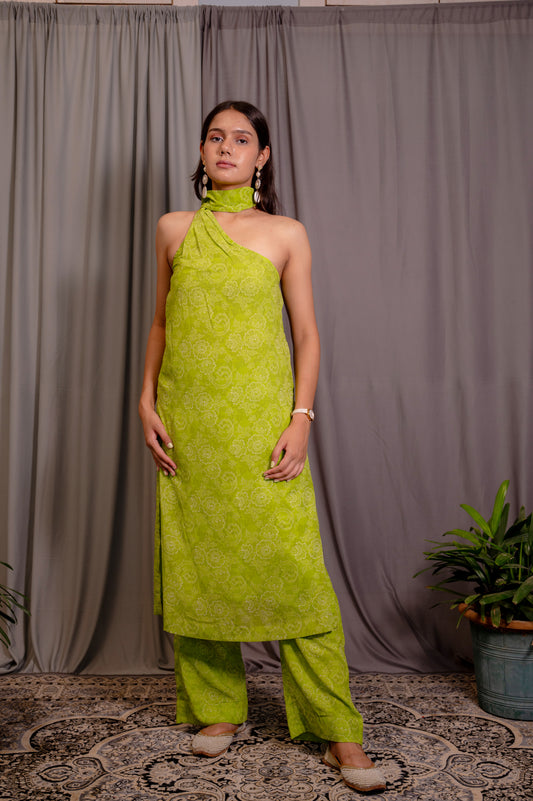 Green Draped Neck Kurta Set