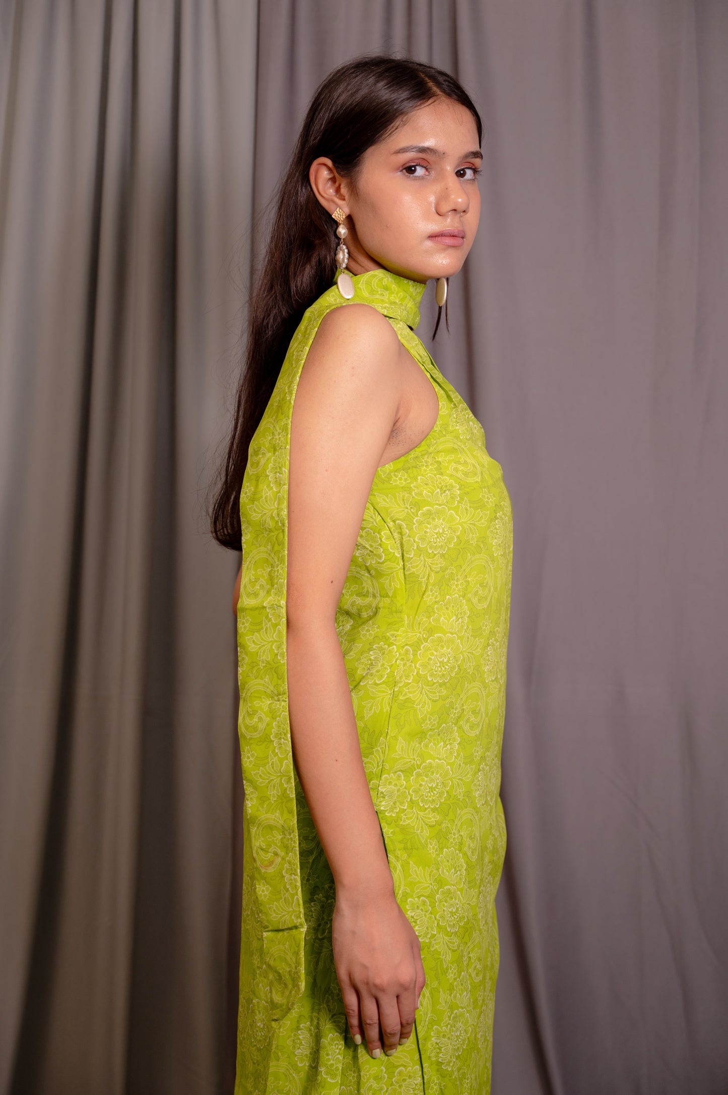 Green Draped Neck Kurta Set