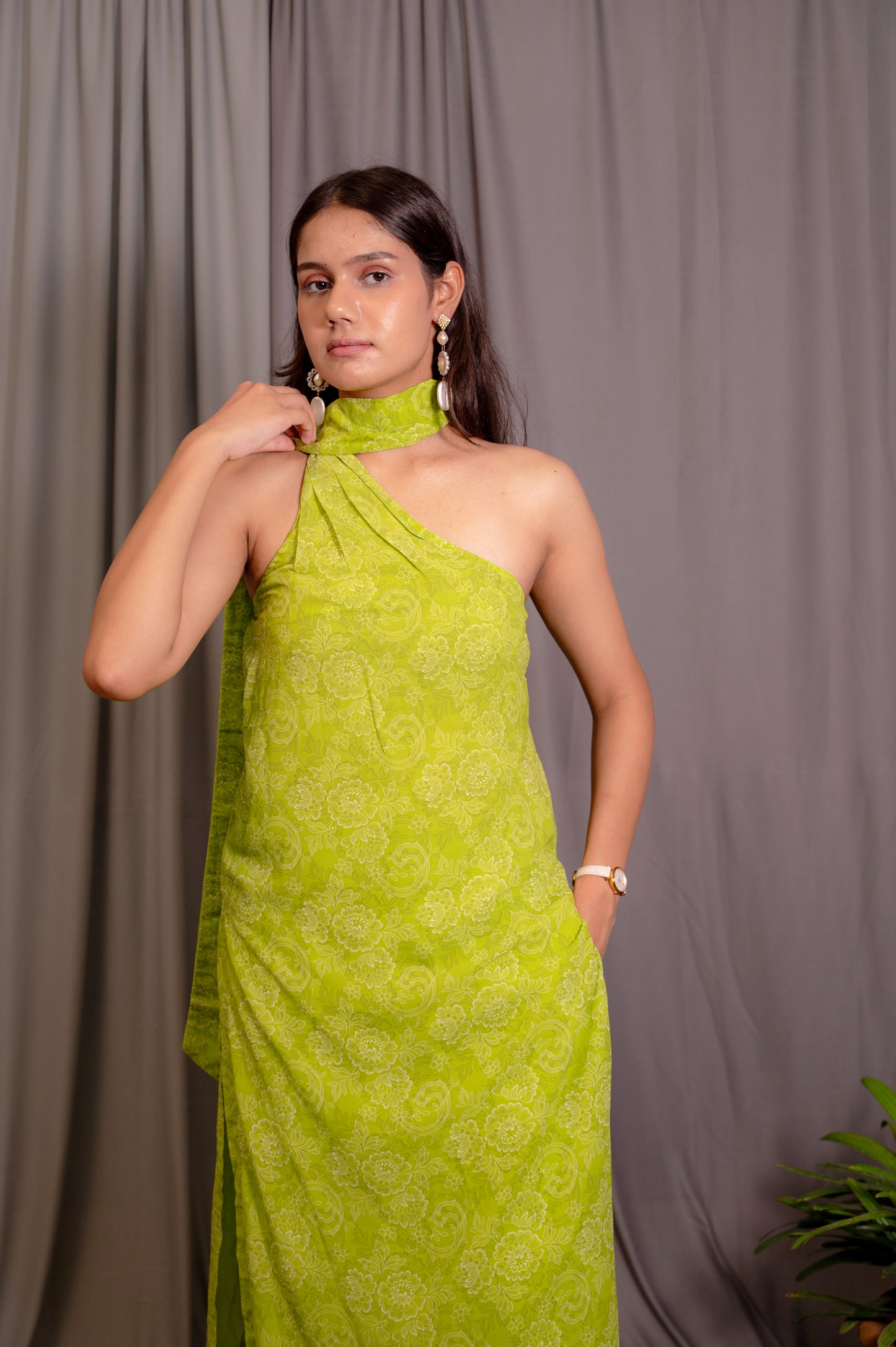 Green Draped Neck Kurta Set