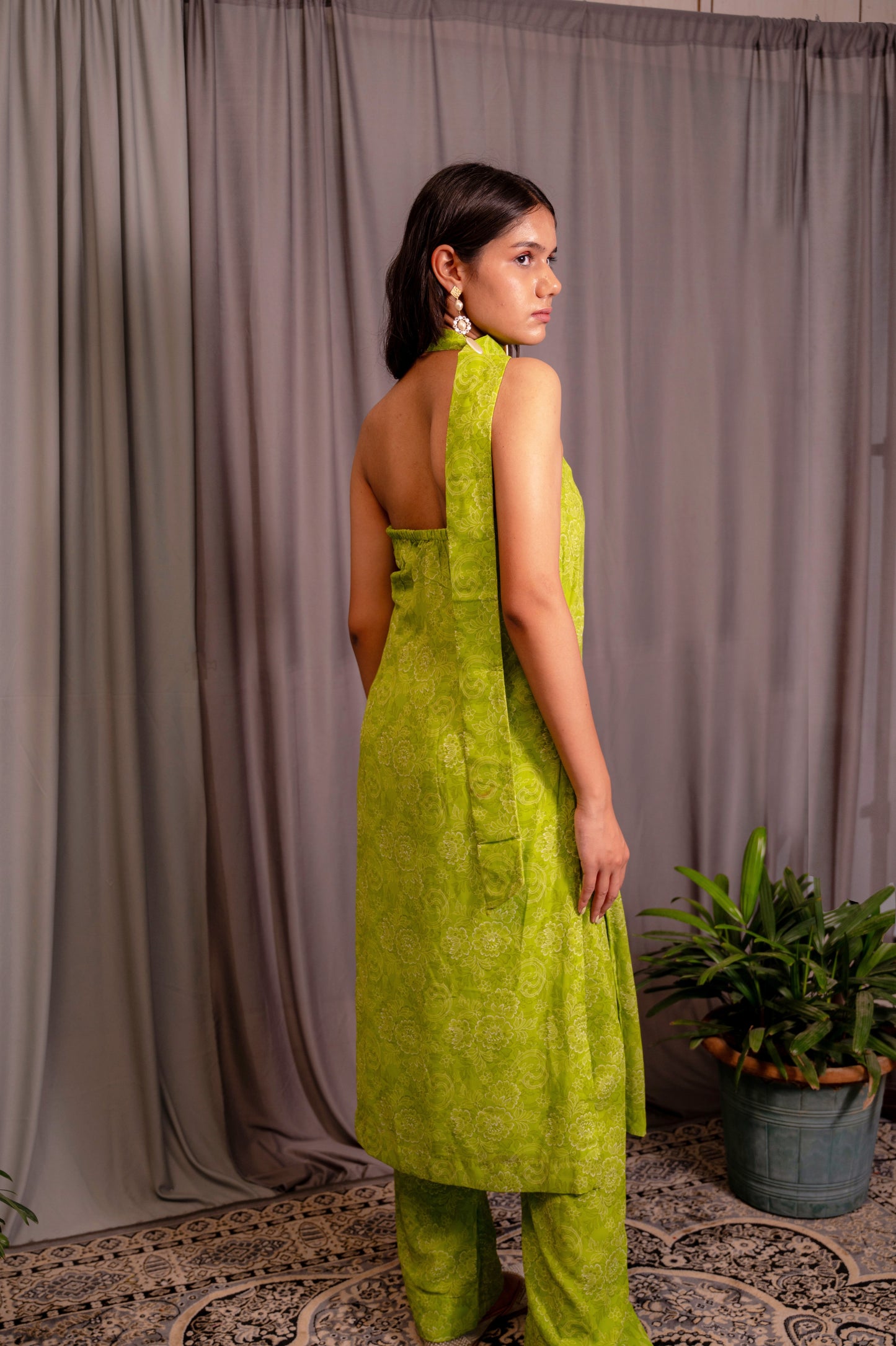 Green Draped Neck Kurta Set