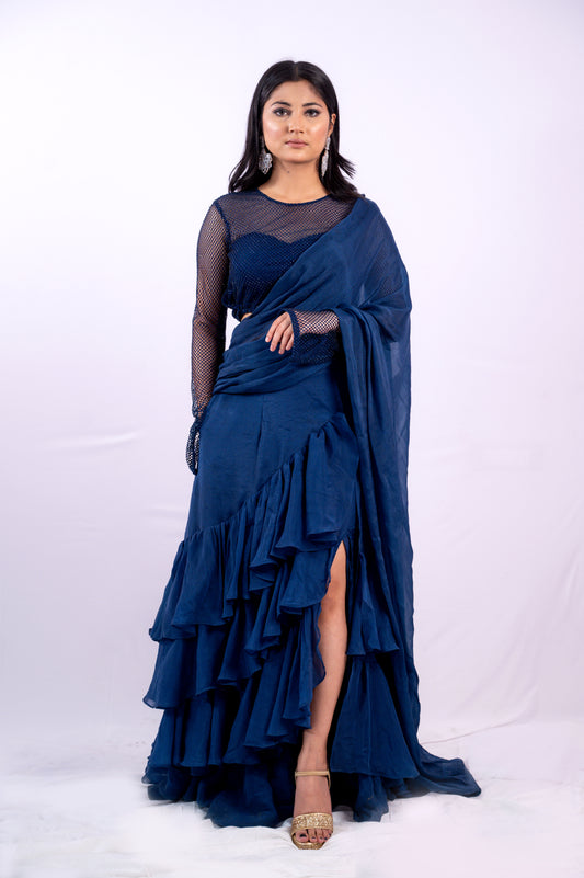 Navy Blue Tiered Wrap-Around Saree Set