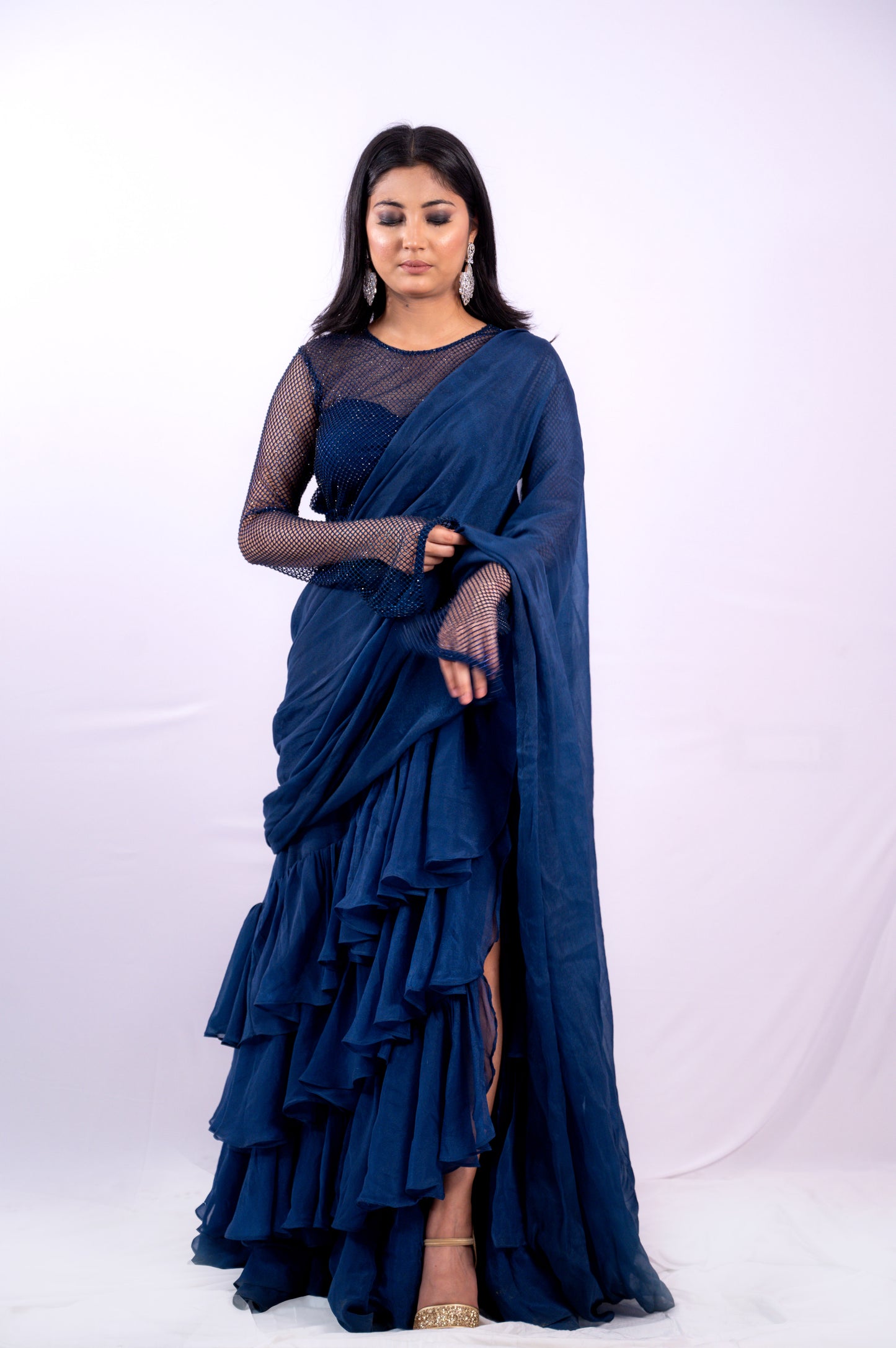 Navy Blue Tiered Wrap-Around Saree Set