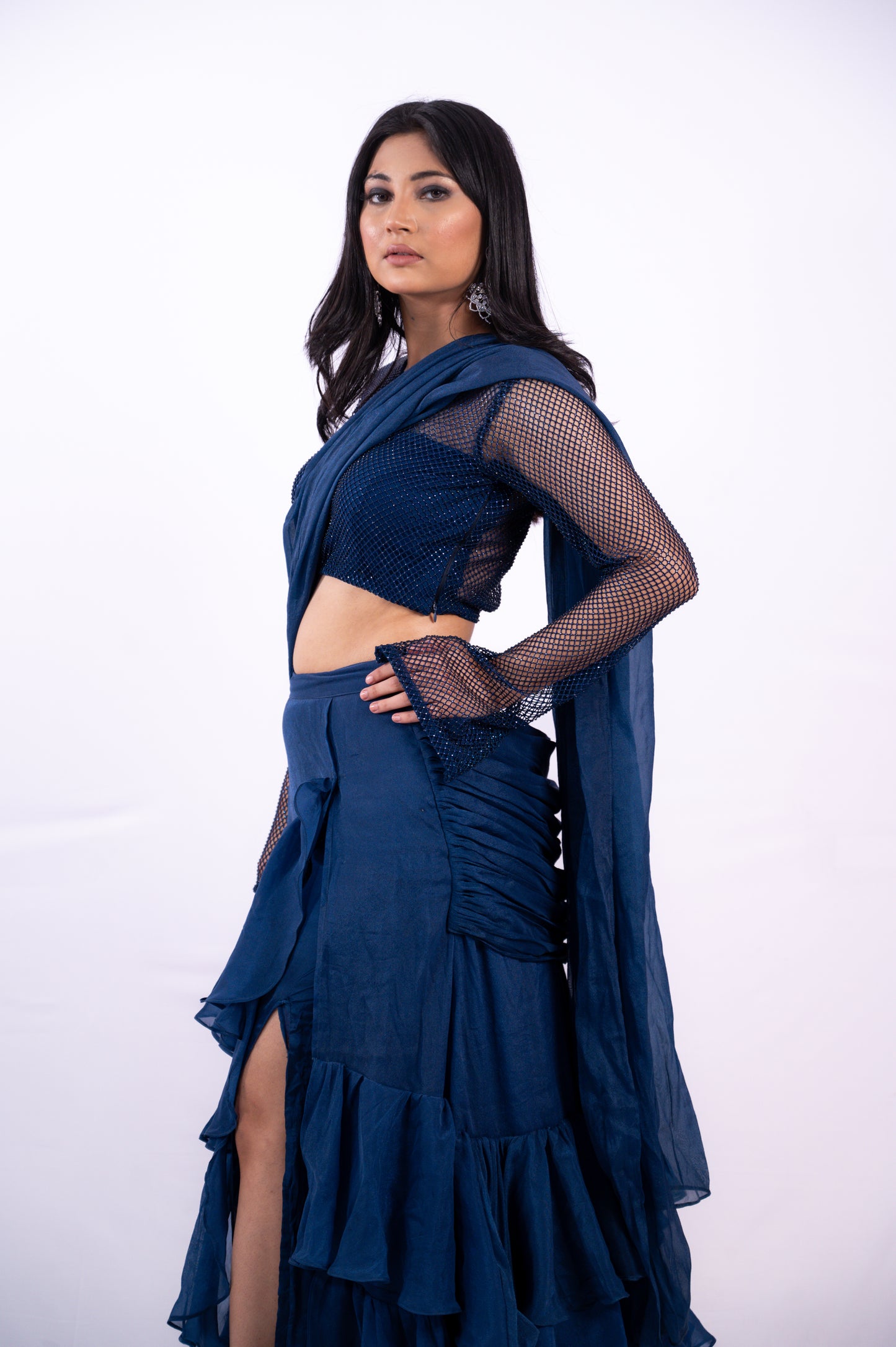 Navy Blue Tiered Wrap-Around Saree Set