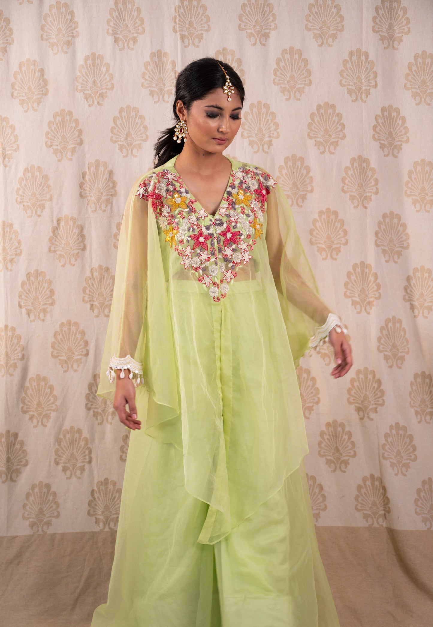 Lime Green Floral Cape Sharara Set