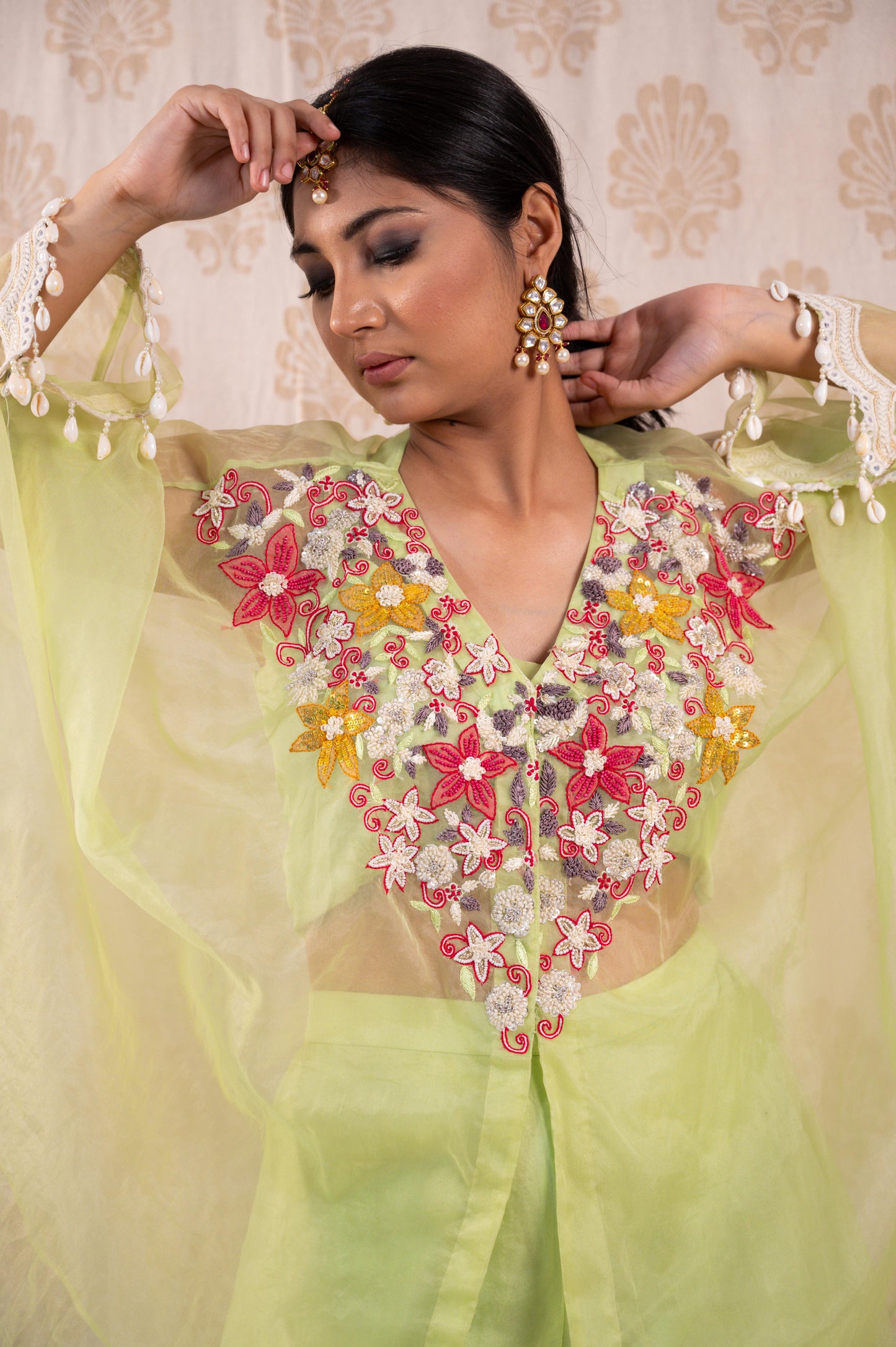 Lime Green Floral Cape Sharara Set