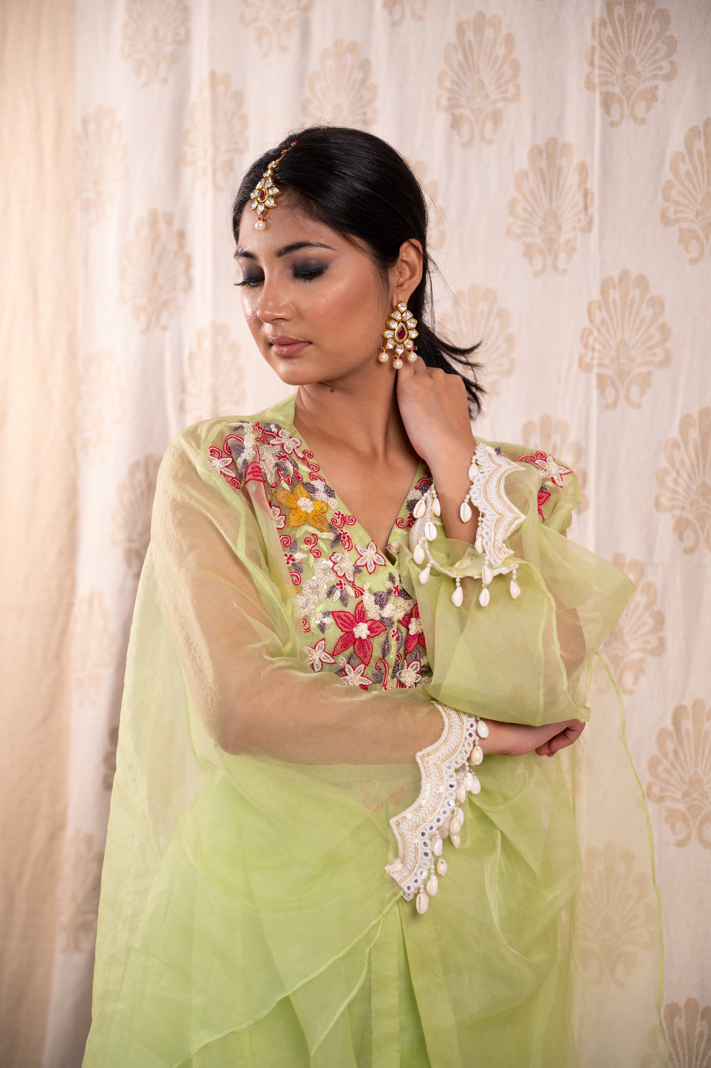 Lime Green Floral Cape Sharara Set