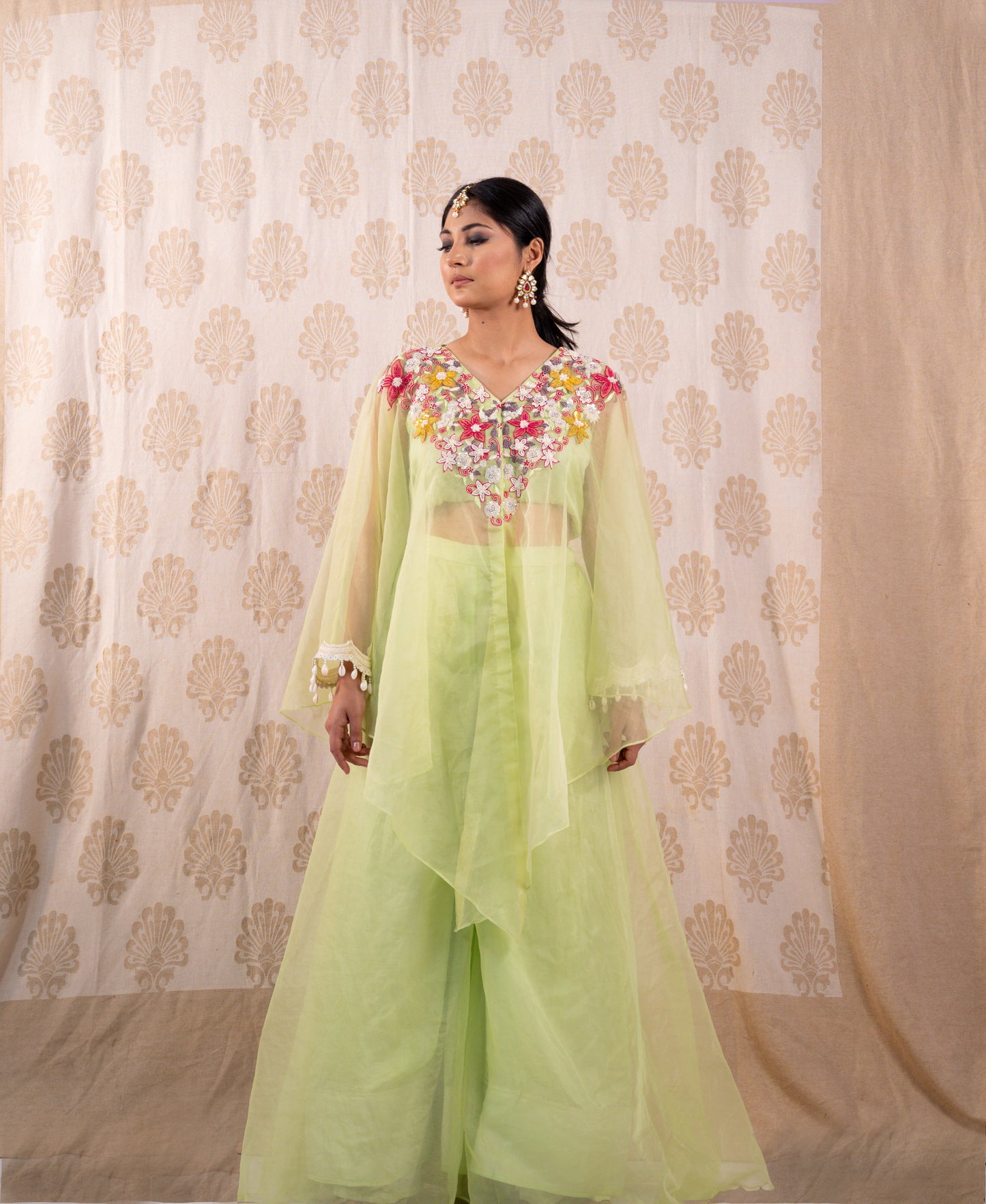 Lime Green Floral Cape Sharara Set