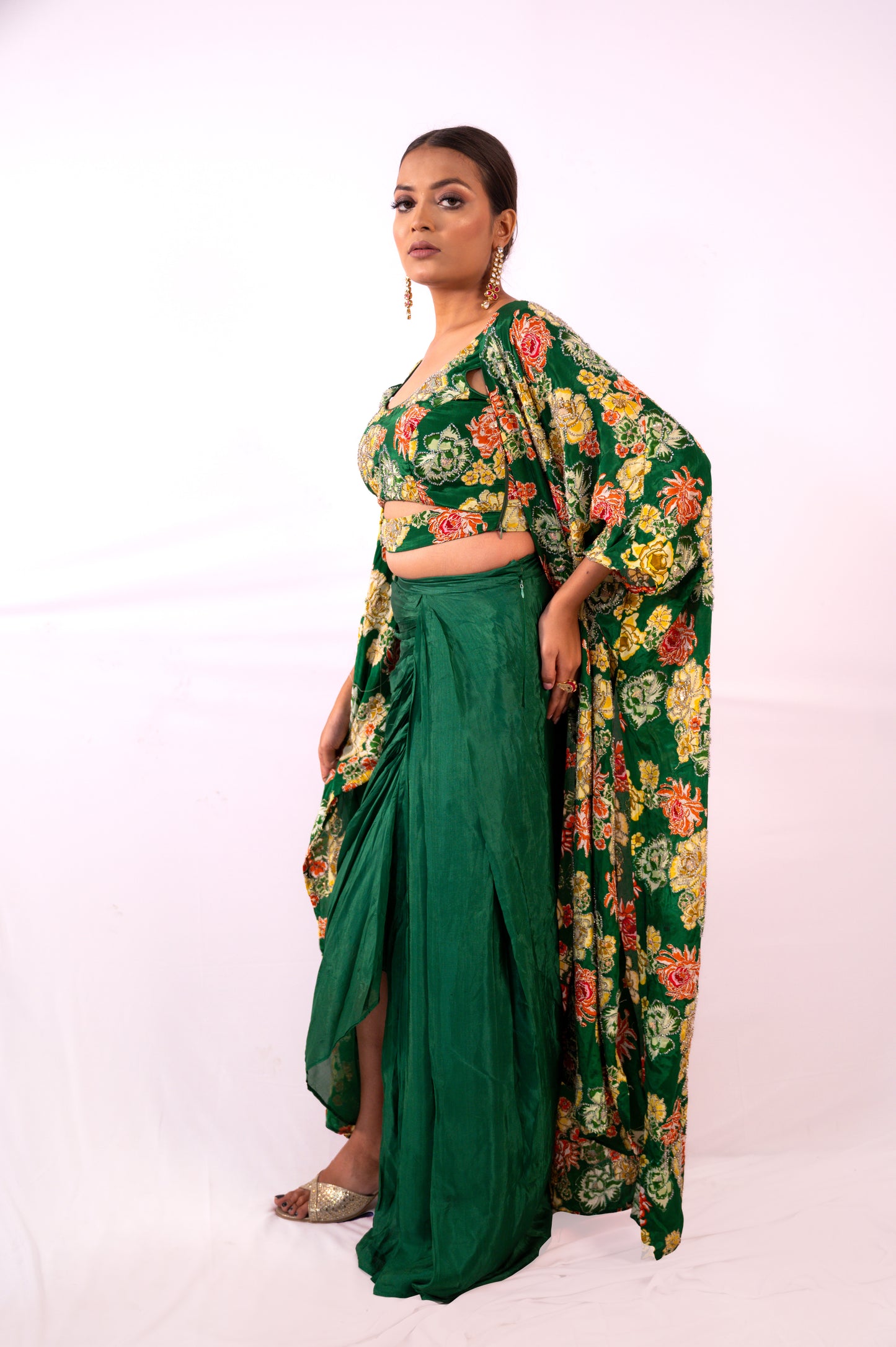 Green Floral Cape Skirt Set