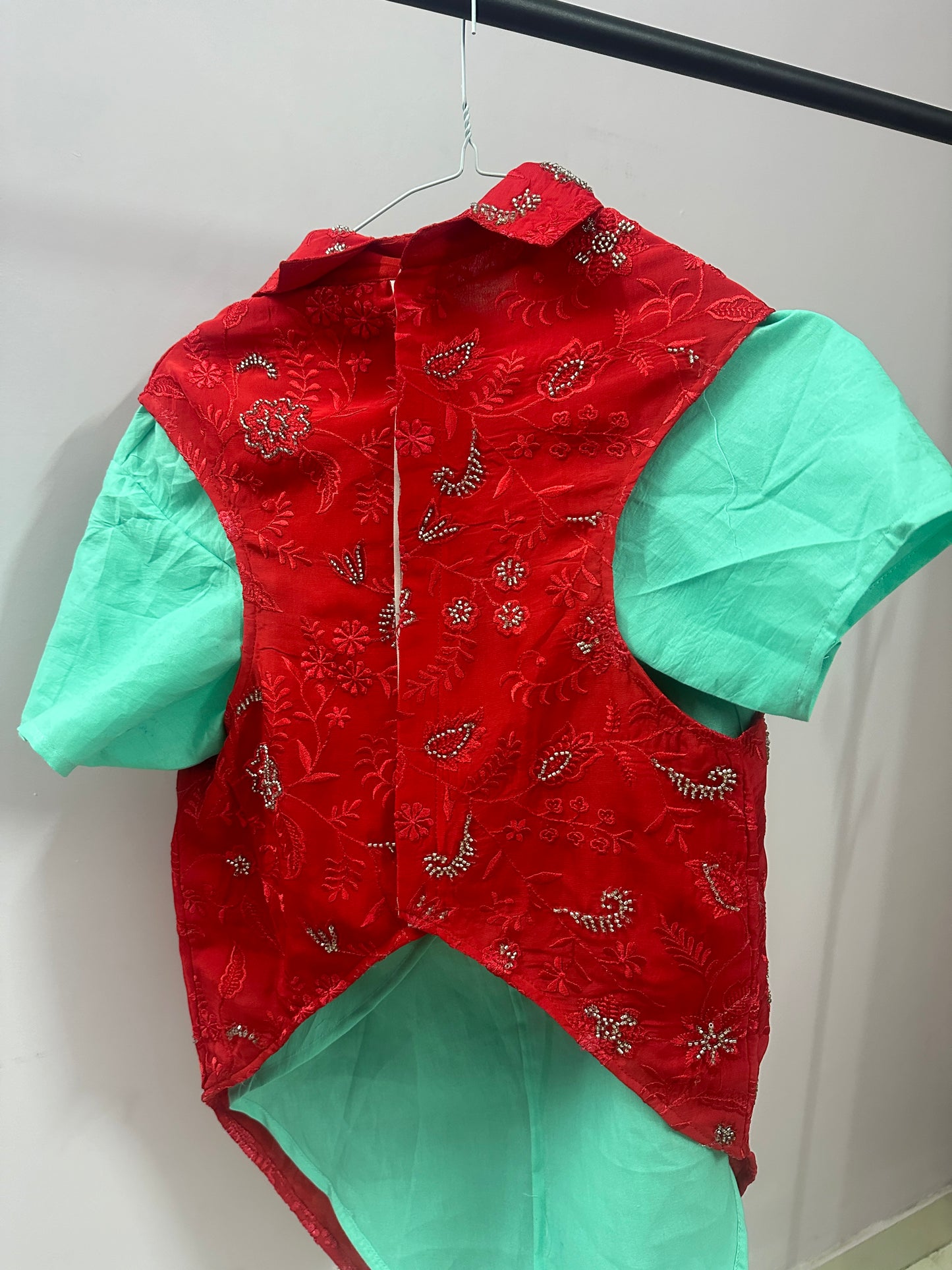 Red Colour Blocked Nehru Jacket Kurta Set