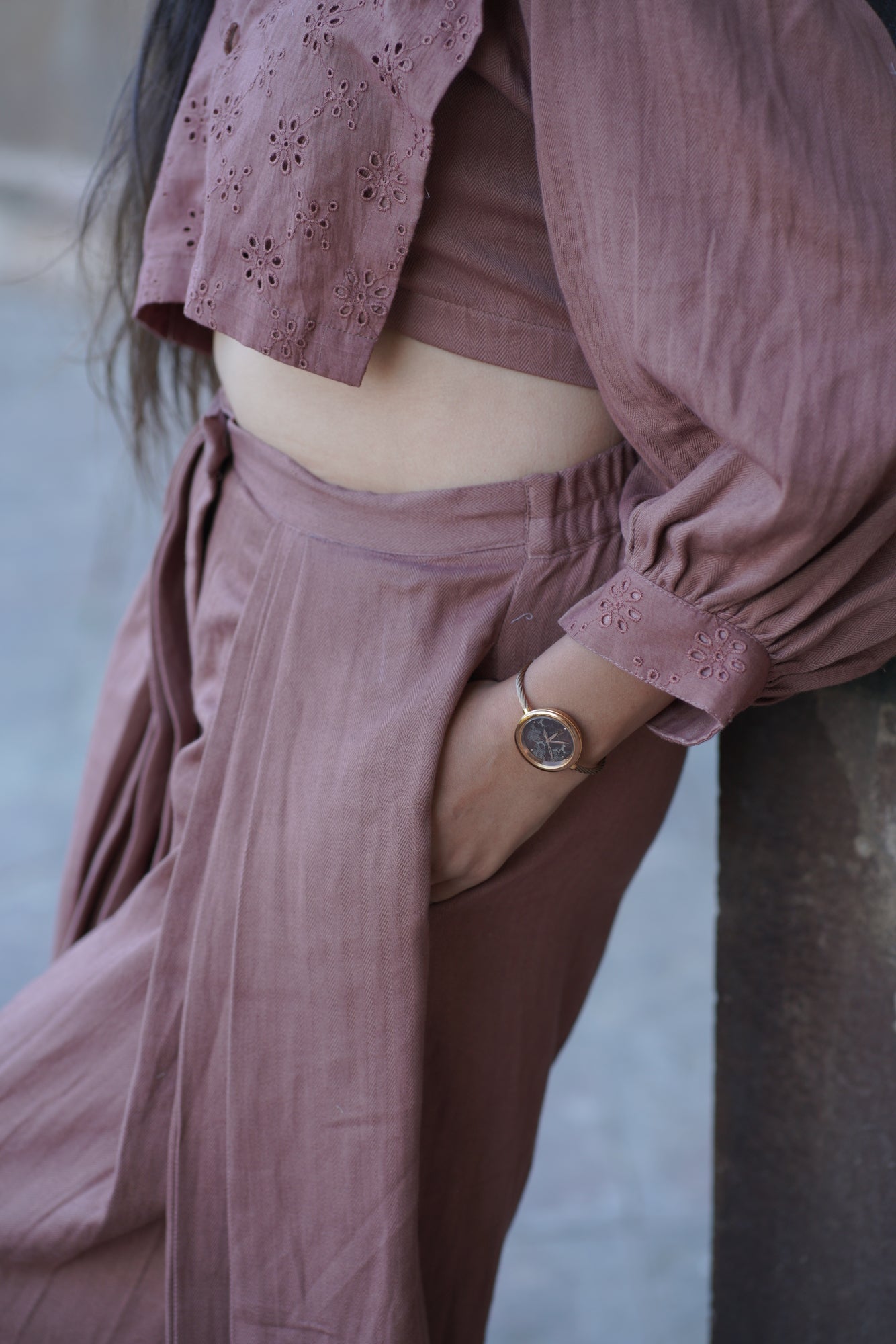 Brown Pleated Pants with Crop Button Up Top