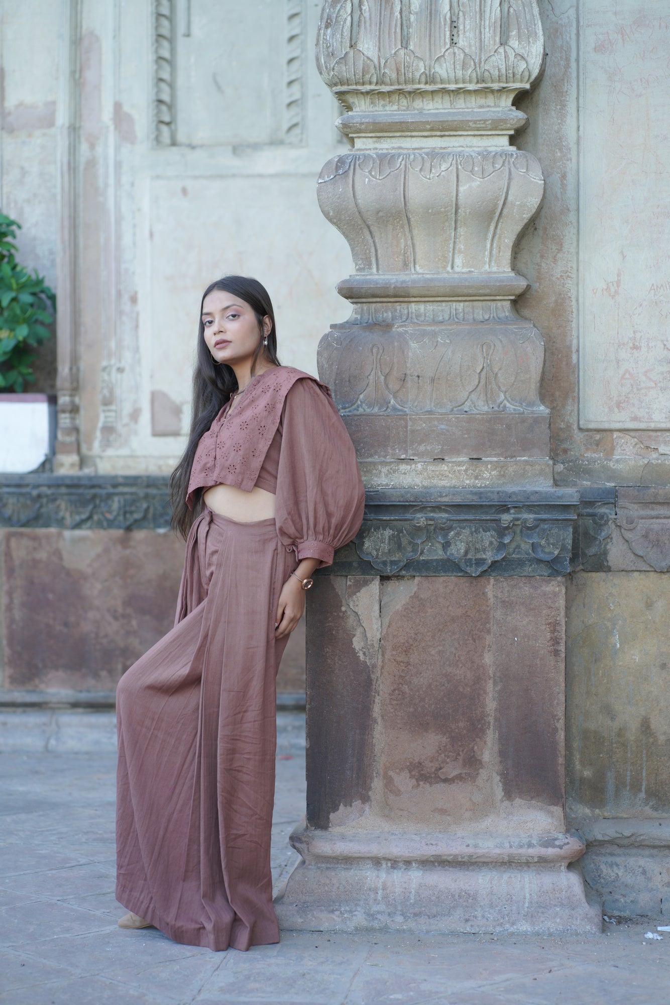 Brown Pleated Pants with Crop Button Up Top