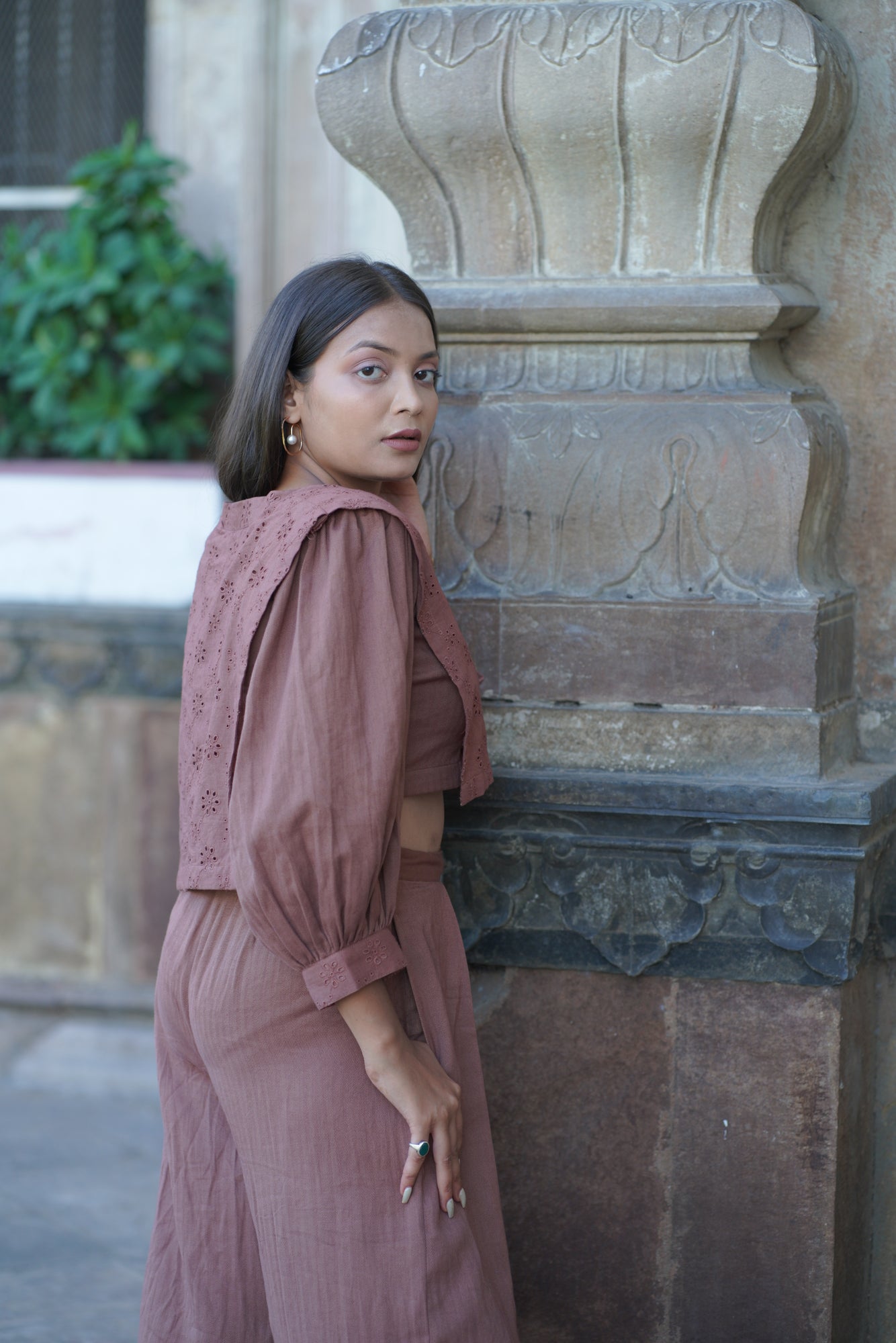 Brown Pleated Pants with Crop Button Up Top