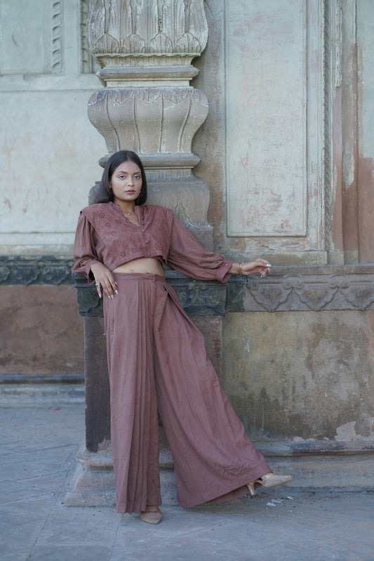 Brown Pleated Pants with Crop Button Up Top