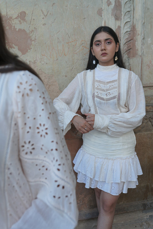 Ivory Gathered Ruffled Skirt with Laced Up Top Set